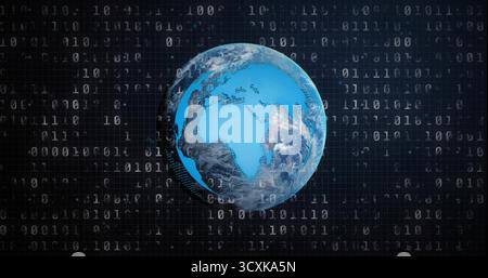 Rotating mesh overlay blue Earth globe in cyberspace, with floating binary digits and grid Stock Photo
