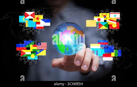 Global multilateral cooperation and diplomacy concept, featuring digital human networks, country flags, and a glowing Earth symbolizing unity, leaders Stock Photo
