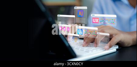 UI UX designer typing on laptop with virtual AI and data interface, concept of artificial intelligence, user experience design, and digital innovation Stock Photo