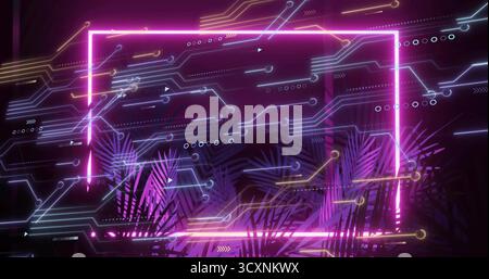 Displaying neon pink frame in digital lounge, showing circuitry with purple palm silhouettes Stock Photo