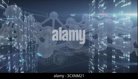 Floating wireframe truck merging into translucent molecular network in virtual space, data panels Stock Photo