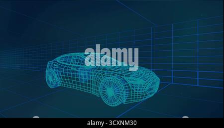 Displaying digital wireframe car model in virtual 3D modeling space, with neon-blue gridlines Stock Photo