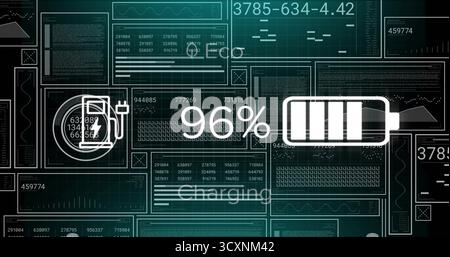 Displaying battery icon showing 96% in digital dashboard, with plug icon and data panels Stock Photo