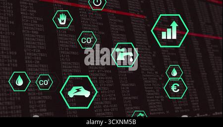 Displaying green hexagonal environmental icons on dark digital dashboard, with energy metrics Stock Photo