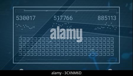 Displaying digital dashboard overlaying blue screen with readouts and mini-graphs above grid icons Stock Photo