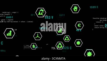Showing hexagonal icons floating on digital dashboard, with green symbols, teal currency and code Stock Photo