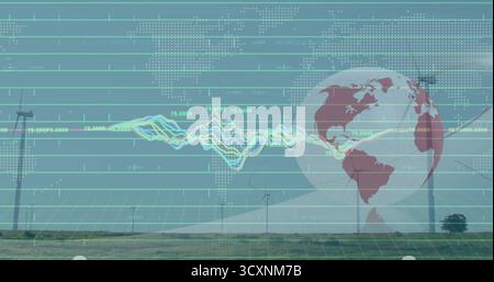 Displaying globe hovering over rural wind turbines, with grid overlay and waveform data lines Stock Photo