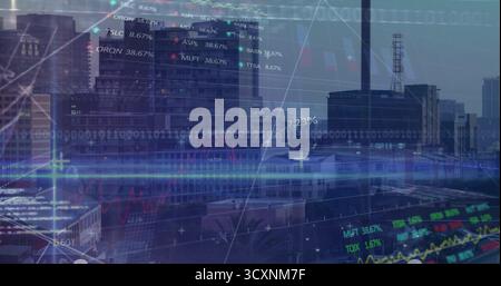 Displaying office tower cluster overlaying downtown skyline, with floating financial data graphics Stock Photo