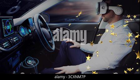 Operating driver wearing VR headset, holding steering wheel in car with holograms, copy space Stock Photo