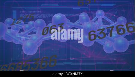 Sphere-and-rod molecular model rotating over grid in data space, with numeric codes and HUD overlay Stock Photo