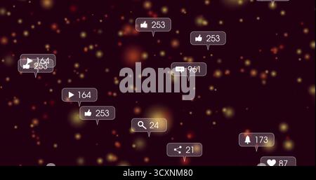 Floating thumbs-up, heart, comment icons hovering over dark digital background, with counts Stock Photo