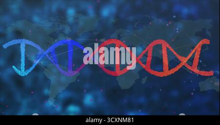 Stylized DNA double helix glowing in digital environment with world map silhouette and data points Stock Photo