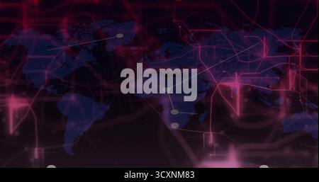 Digital world map featuring neon pink network lines and pulsating nodes in network interface Stock Photo
