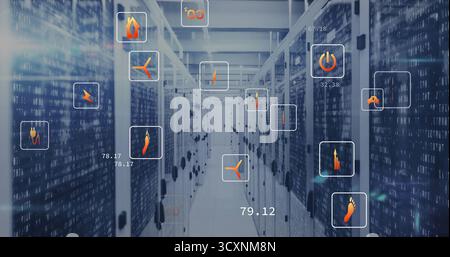 Streaming binary code across long server racks corridor inside data center, displaying energy icons Stock Photo