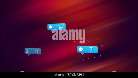 Floating notification icons labeled 17, 26, 7 hovering over gradient backdrop with confetti shapes Stock Photo