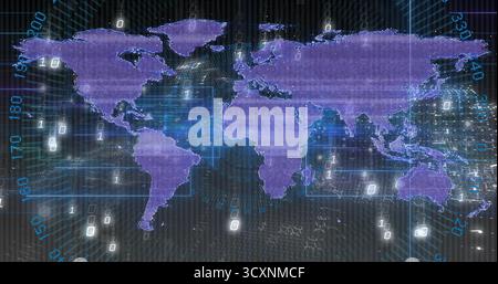 Displaying purple world map on digital grid, streaming binary digits and floating numeric overlays Stock Photo