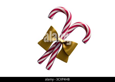 Two red and white striped candy canes tied with a golden bow, representing christmas sweets. 3d rendering Stock Photo