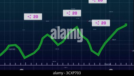 Displaying green fluctuating line graph on analytics dashboard, with grid background, callout boxes Stock Photo