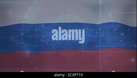 Displaying HUD-style illustration merging wavy blue-red bands with glowing points in digital space Stock Photo
