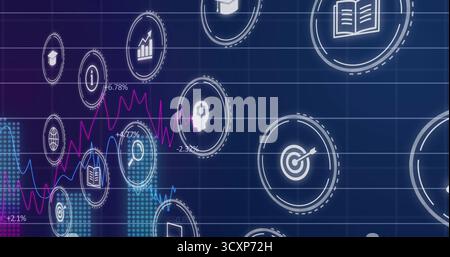 Displaying visualization in dashboard with interface icons, world map and pink, blue line graphs Stock Photo