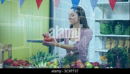 Handling vendor wearing plaid shirt adjusting tomato at stall, with crates, shelves and overlay Stock Photo