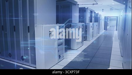 Server cabinets lining data center corridor showing network racks, circuit boards and glowing LEDs Stock Photo