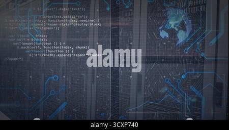 Displaying server racks with mesh doors and LEDs in datacenter with code circuit and globe overlays Stock Photo