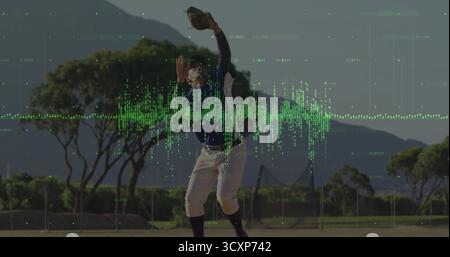 Leaping baseball player reaching with glove catching ball in outfield, digital waveform overlay Stock Photo