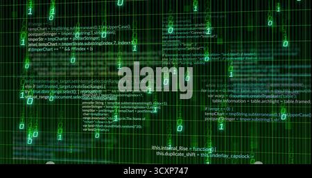 Digital code text streaming in virtual grid, with bits, neon-green grids and hexadecimal overlays Stock Photo