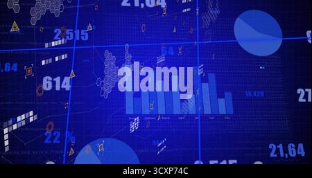 Displaying blue bar graph spanning January to July on dashboard, with hexagon clusters and numbers Stock Photo