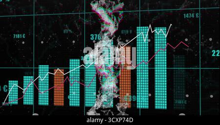Displaying 3D mesh column rising through dashboard with turquoise orange bars, magenta lines Stock Photo