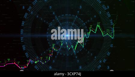 Displaying fluctuating line graph and candlesticks on dashboard with radial degree grid, blue node Stock Photo
