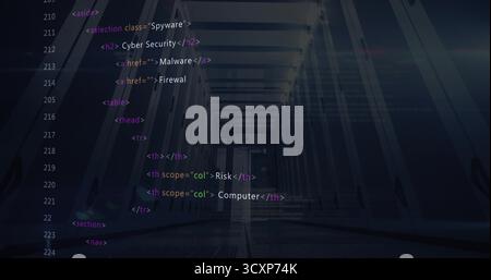 Displaying semi-transparent HTML code overlaying dimly lit data center corridor, with metal beams Stock Photo