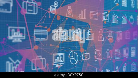 Displaying network nodes on blue grid interface, featuring white financial and analytics icons Stock Photo