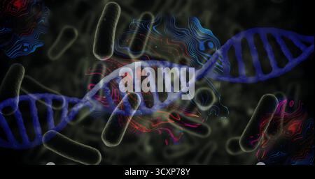 Displaying blue DNA helix running across molecular environment, with bacterial rods and data waves Stock Photo
