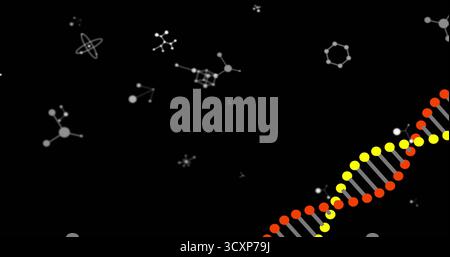 Displaying DNA helix winding upward on black canvas, with scattered molecular icons, copy space Stock Photo