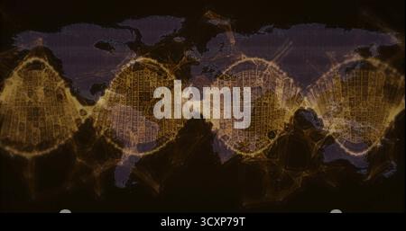 Displaying network grid map forming glowing amber nodes on dark screen, with triangular mesh links Stock Photo