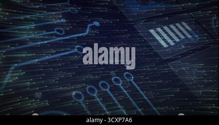 Displaying glowing circuit pathways and nodes over grid lines, binary streaks and bar-chart overlay Stock Photo