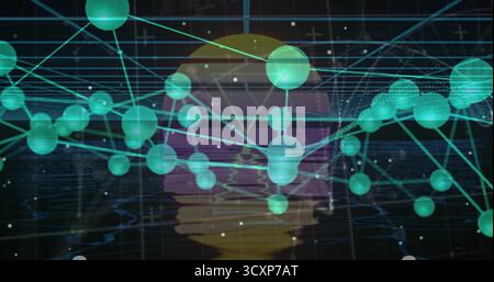 Network of green spheres floating, linking via cyan lines in digital grid, with gradient orb Stock Photo