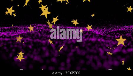 Floating gold star shapes dancing above purple particle wave in digital space, abstract background Stock Photo