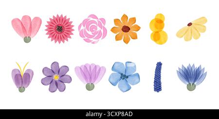 A collection of twelve colorful floral illustrations are rendered in watercolor style. Flowers have shades of pink, yellow, orange, blue and purple. Stock Vector