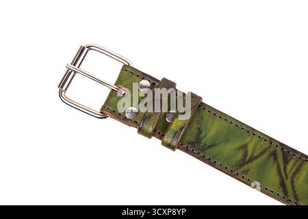 Close-up of a green camouflage leather belt end with a double-pin metal buckle. Stock Photo