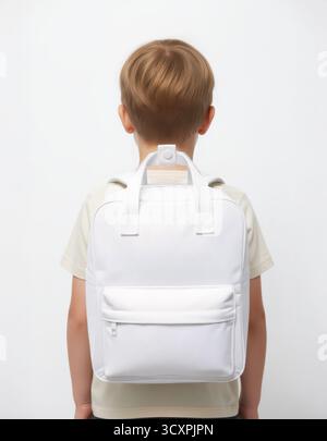 Mockup of white backpack on child. Stock Photo