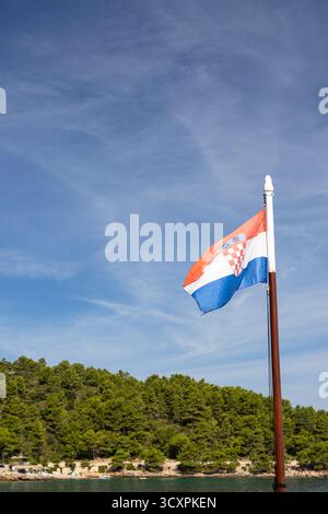 Croatian flag on a tall flagpole against a bright blue sky, with a green hillside in the background, conveying national pride, outdoor scenery, and pe Stock Photo