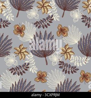 Pastel pattern with tropical leaves on gray Stock Vector