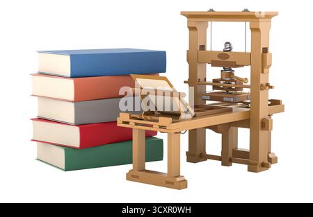 Classic wooden printing press with stack of books. 3D rendering isolated on white background Stock Photo