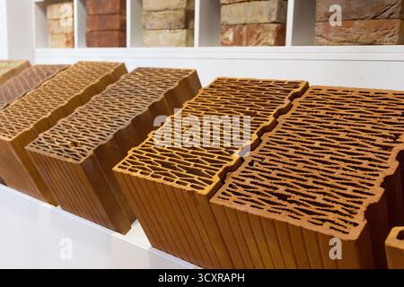 Various types of construction hollow red bricks with different patterns inside. samples for sale in the construction store. Industry Stock Photo