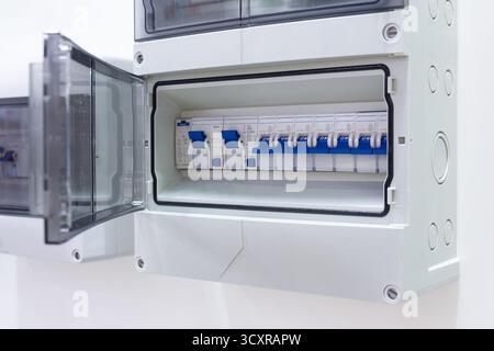 Switchboard equipment. Screen for enterprise electrification. Electrical control panel marked panel with switches in the showroom Stock Photo
