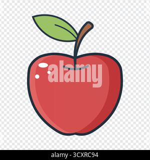 Illustration of a red apple with a green leaf and brown stem isolated on white background Stock Vector