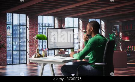 Black IT developer at PC coding and creating an app software, implementing algorithms to fix errors. Engineer in his loft working with code language, optimizing app performance. Camera A. Stock Photo